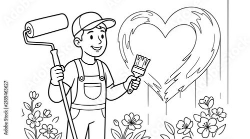 A cheerful painter character with a roller and brush creates a heart shape on a wall, surrounded by flowers. Line art illustration.