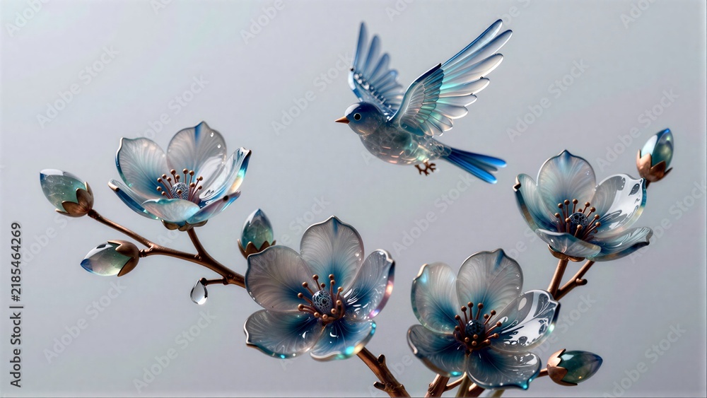 Obraz premium Blue bird flies above delicate, translucent blue flowers with dewdrops hanging.