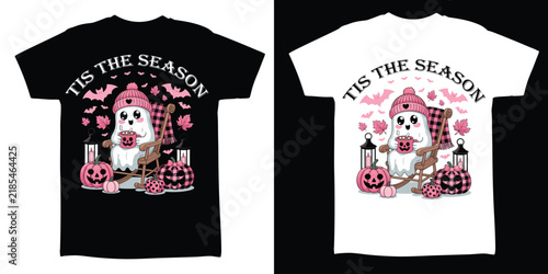 Tis the Season Halloween T-Shirt Design with Cute Ghost Pumpkin Bats and Cozy Autumn Decor