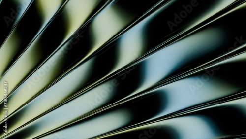 Abstract 3D render of dark metallic diagonal stripes with gold and green tone reflection, futuristic and modern design.