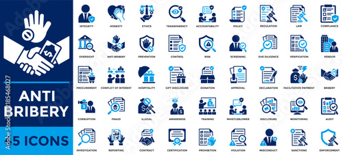 Anti bribery icon collection. Contains compliance, corruption, bribery, ethics, integrity, governance, audit, investigation, screening, and procurement. Simple flat vector illustration.