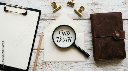 Magnifying glass rests on paper envelope displaying find truth text above rustic white wooden surface desk