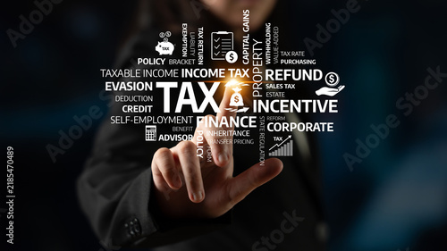 Canvastavla Businesswoman Touching Tax Concept Words on a Dark Background, Highlighting Income Tax, Finance, Capital Gains, Refund, Evasion, and Corporate Incentives