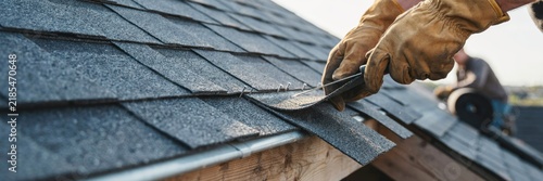 Close up of worker wearing yellow protective leather gloves while driving nail into asphalt shingle on residential roof edge.