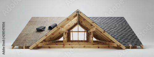 Detailed cross-section view of a house roof showing wooden truss structure, insulation, and shingle installation.