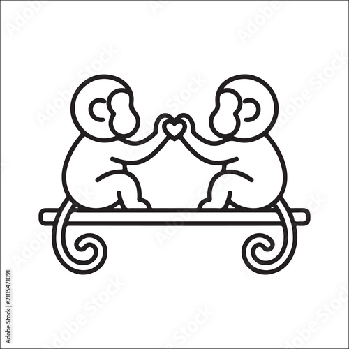 Minimalist black‑and‑white line art of two monkeys sitting side by side on a bar with curled tails and raised arms touching hands, symbolizing play, cooperation, and companionship in a stylized design
