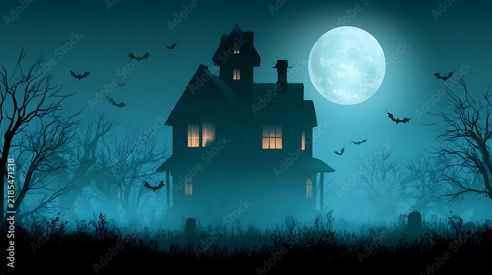 Fototapeta premium Spooky Haunted House Silhouetted Against a Full Moon in a Misty Dark Landscape