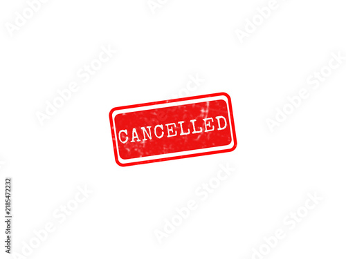 A bright red rubber stamp with the word CANCELLED in white text, featuring a distressed ink texture isolated on a transparent background for design