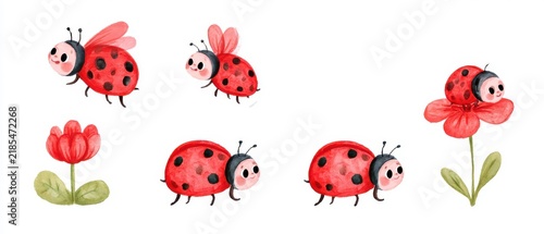 Cute watercolor illustration of a cute ladybug flying and resting on a flower, four different poses in a horizontal row, character sheet, isolated on a white background, soft colors, children's book