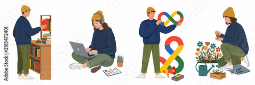 Flat Illustration Set of a Young Person Engaged in Reading, Working, Celebrating Neurodiversity, and Gardening Activities on a White Background