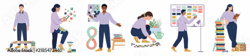 Flat vector illustrations of diverse people engaged in various productivity, learning, and creative activities including planning, gardening, and reading.