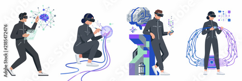 Vector illustration of people using virtual reality headsets and interacting with futuristic AI brain interfaces and digital data sets