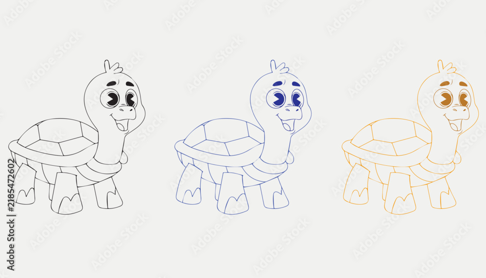 Fototapeta premium Cute Cartoon Turtle Character Line Art Vector Set for Kids Coloring Book