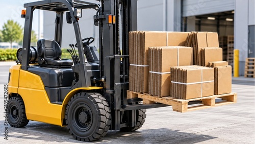 Forklift Transporting Flat Cardboard Boxes on Pallet at Warehouse