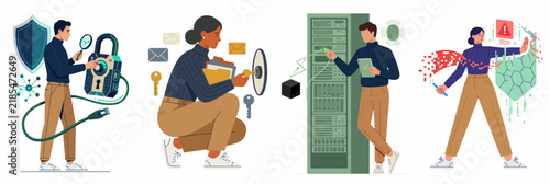 Cybersecurity flat illustration set featuring data protection, network security, server management, and digital information safety with professional characters.