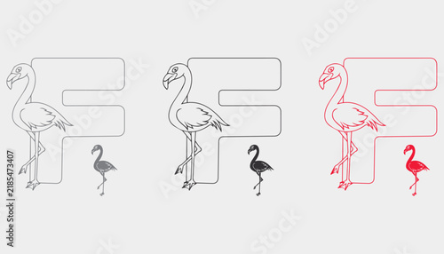 Vector illustration of educational alphabet letter F with cute flamingo outline for kids coloring page and preschool learning worksheet