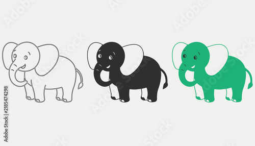 Cute Baby Elephant Vector Icons Set, Cartoon Elephant Silhouette, Line Art Outline and Colored Character Design for Kids