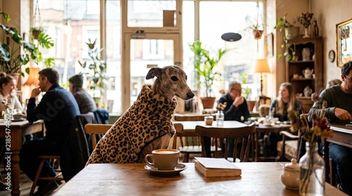 Greyhound dog wearing leopard sweater in cozy coffee shop