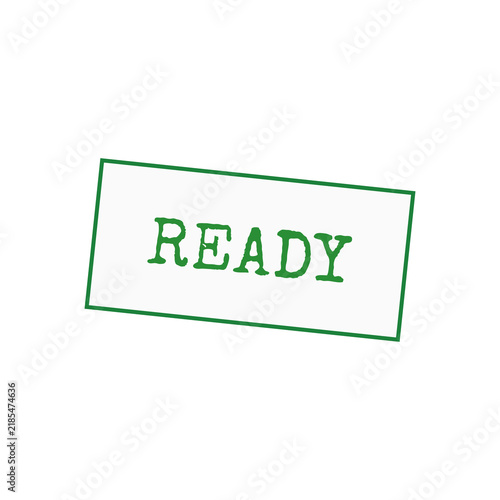 A green rectangular rubber stamp icon with the word Ready written in a bold typewriter font, perfect for business documents and project status