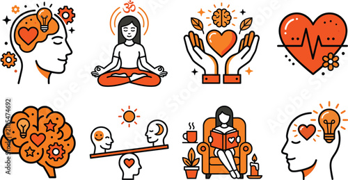 Konstfotografi Mental health icons set, psychology and mindfulness vector illustrations, emotio