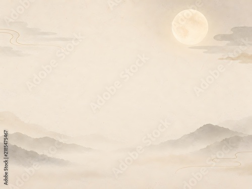 Korean traditional paper background with full moon and misty mountains