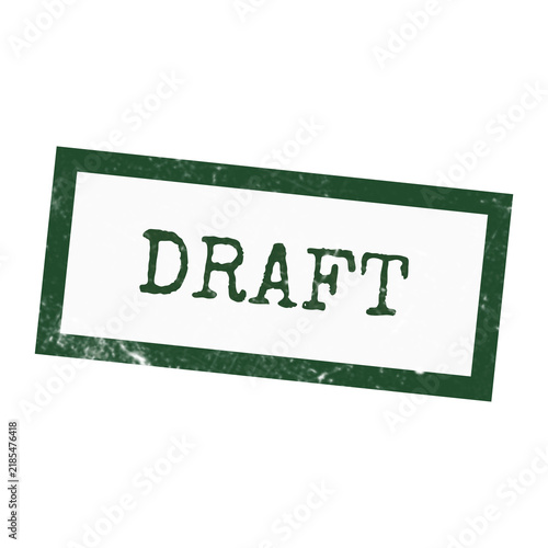 Foto A rectangular green rubber stamp with the word DRAFT in a distressed typewriter