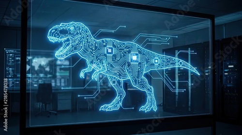 Cybernetic glowing dinosaur on transparent screen in server room