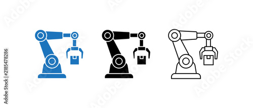 Industrial robotic arm with a gripper holding a box, set of three icons