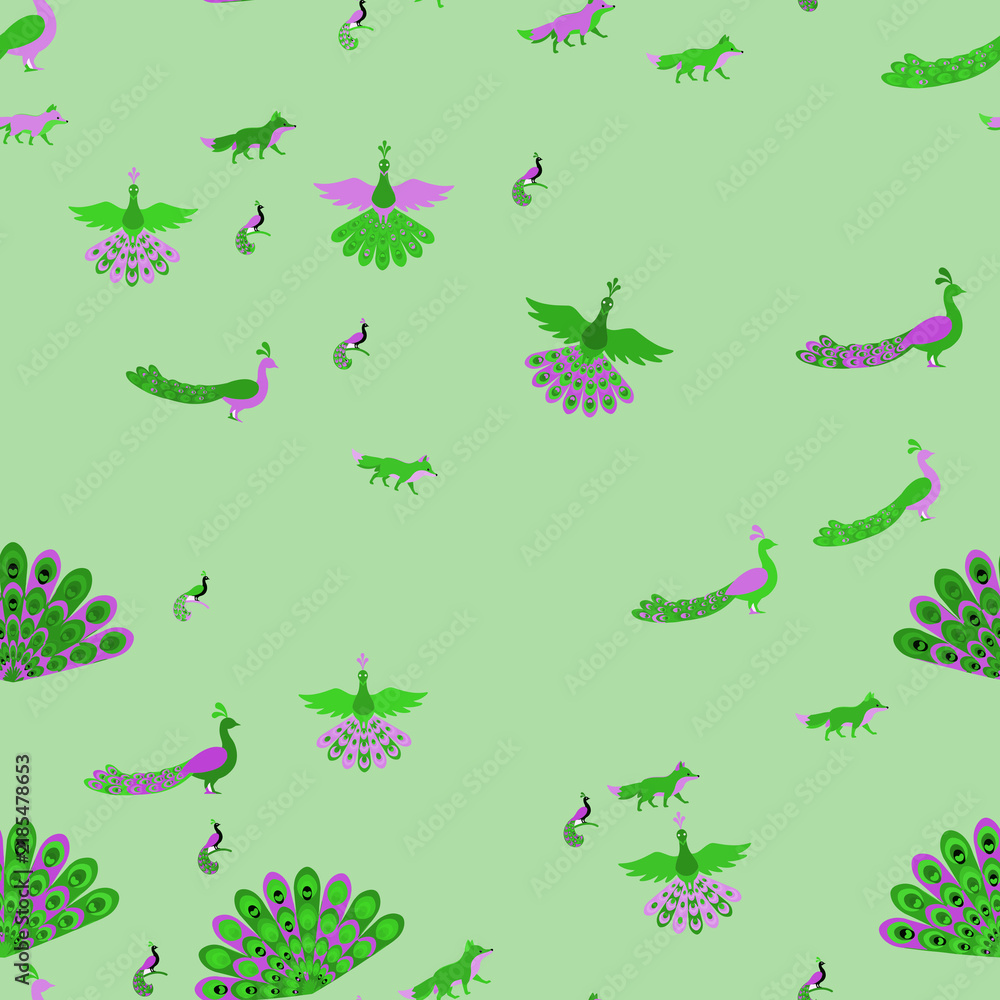 Obraz premium Stylized Peacocks and Foxes Pattern