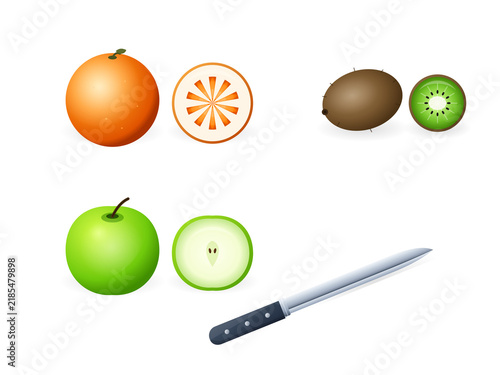 Fresh whole and sliced fruits with a sharp steel knife