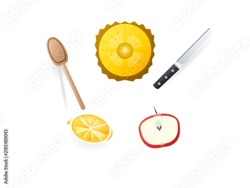 Sliced tropical pineapple lemon and apple with knife and wooden