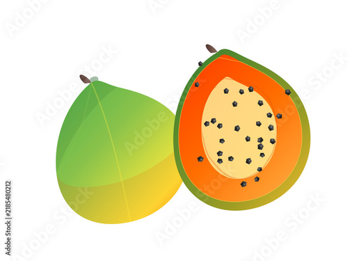 Whole and sliced ripe papaya fruits isolated on white background