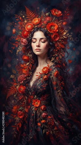 A captivating portrait of a woman adorned with a magnificent floral headdress and dress, evoking a sense of ethereal beauty and natural grace in a dark, enchanting setting.