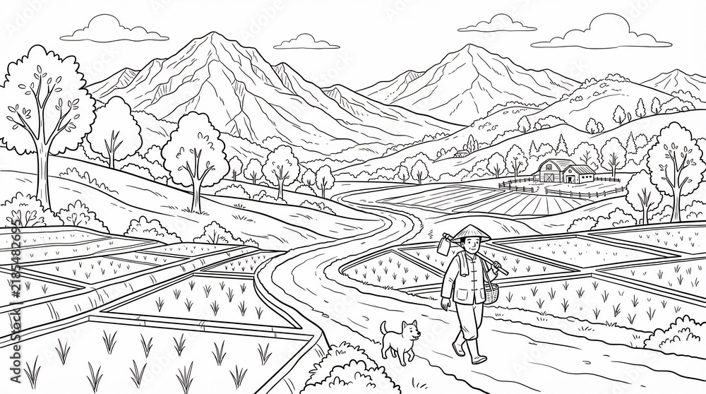 Fototapeta premium Farmer walking with dog through rural rice field mountain landscape coloring page illustration
