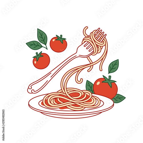 Delicious Italian pasta served on a dining plate with fresh red tomatoes and green basil leaves captured in a hand drawn culinary style perfect for menus restaurant branding and food