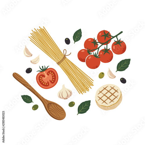 Raw spaghetti pasta noodles arranged with vine tomatoes fresh garlic cloves and green basil leaves plus olives and wooden cooking spoon for preparing homemade mediterranean food dinner meal