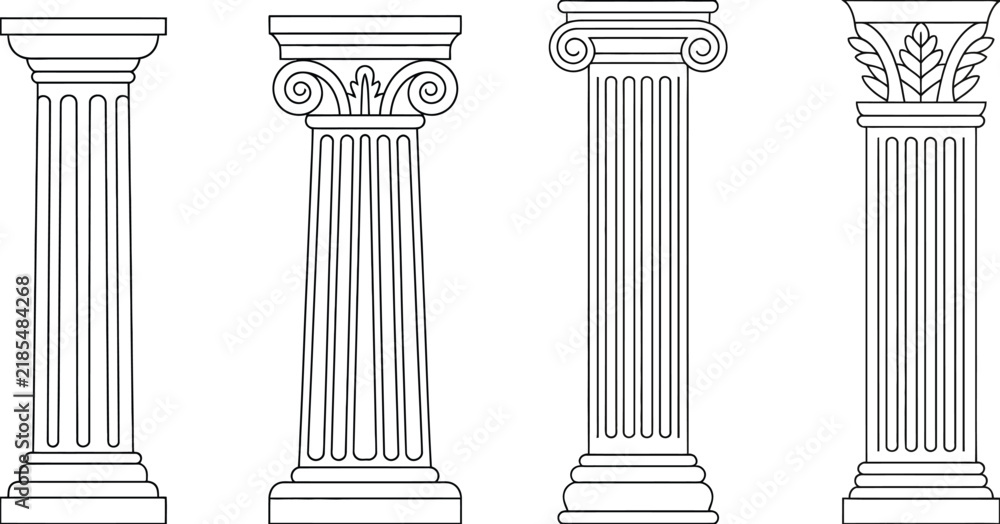 Obraz premium Ancient Greek column icons, classical Roman architectural pillars with historic ornamental details, isolated on white background, minimalist vector illustration, design concept.