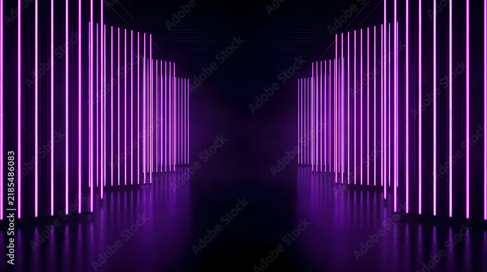Fototapeta premium Abstract dark tunnel illuminated by vertical glowing purple neon light pillars