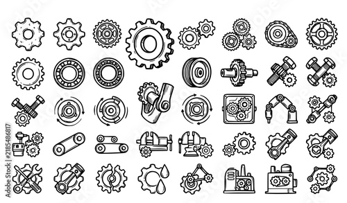 Gear Icon Set Vector Illustration, Mechanical Cog Wheel Line Icons, Industrial Engineering Settings Symbol Collection for Web and App Design