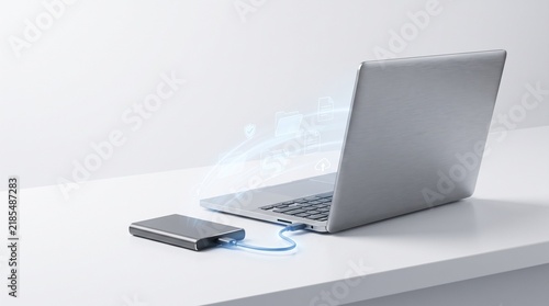 Cloud computing technology concept with laptop, digital data storage icon, futuristic network connection on white background