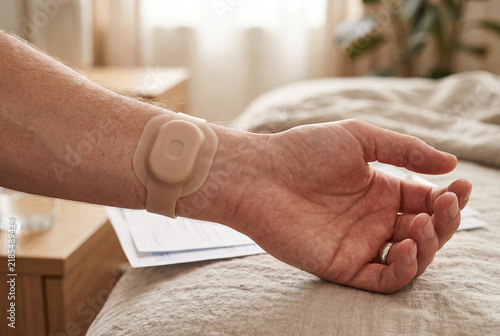 Close Up of Unbranded Smart Biosensor Patch on Wrist for Remote Health Tracking