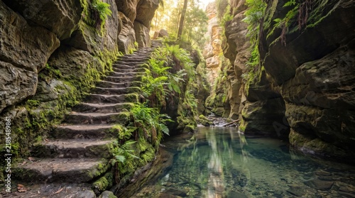 Stone stairway descending through a lush mossy canyon with a tranquil forest stream.