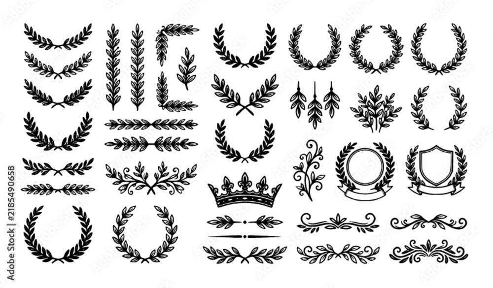 Fototapeta premium Black Laurel Branches Frames Ornamental Award Borders and Vintage Vector Elements
