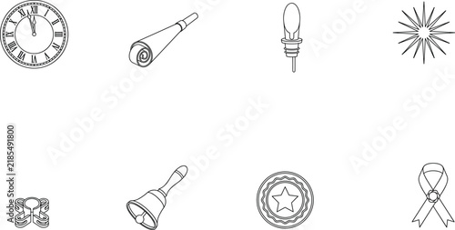 New Year Celebration Line Art Set Midnight Clock Party Horn Handbell Starburst Ribbon Vector Illustration