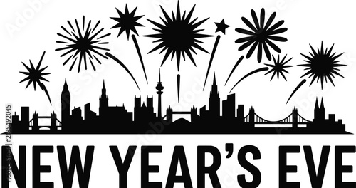 New Year's Eve City Skyline Fireworks Silhouette Set Typography Banner Vector Illustration