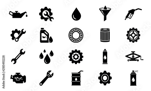 Automotive maintenance icons depict various tools and fluids against a stark white background vehicle repair engine gear cog wrench spanner