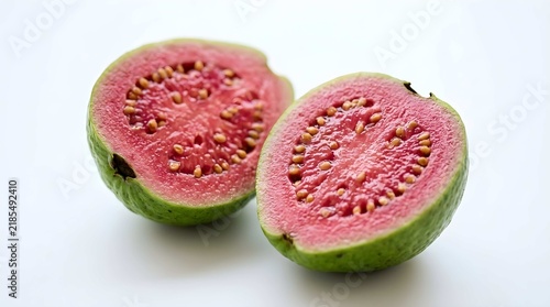Fresh pink guava cut in half showing bright red pulp and small seeds
