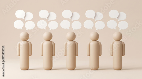 Five abstract human figures with white speech bubbles above heads