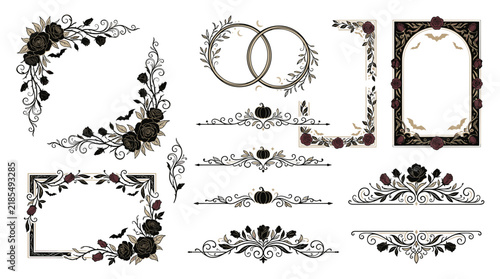 Set of elegant vector vintage frames and decorative flourishes featuring dark gothic floral elements, intricate black roses, and subtle spooky motifs for design