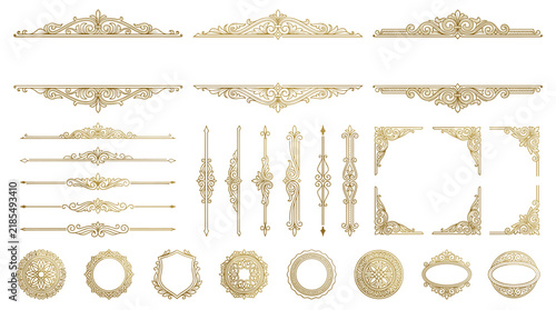 Set of golden vintage decorative elements, luxury floral flourishes, ornate borders, elegant frames, and flourishes for wedding invitations and royal certificates